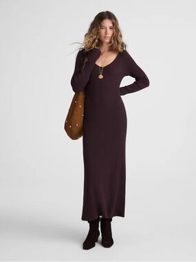 Madewell The Signature Knit V-Neck Midi Dress in Espresso brown Sz M NWT